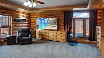 Smart TV, fireplace, DVD player, books