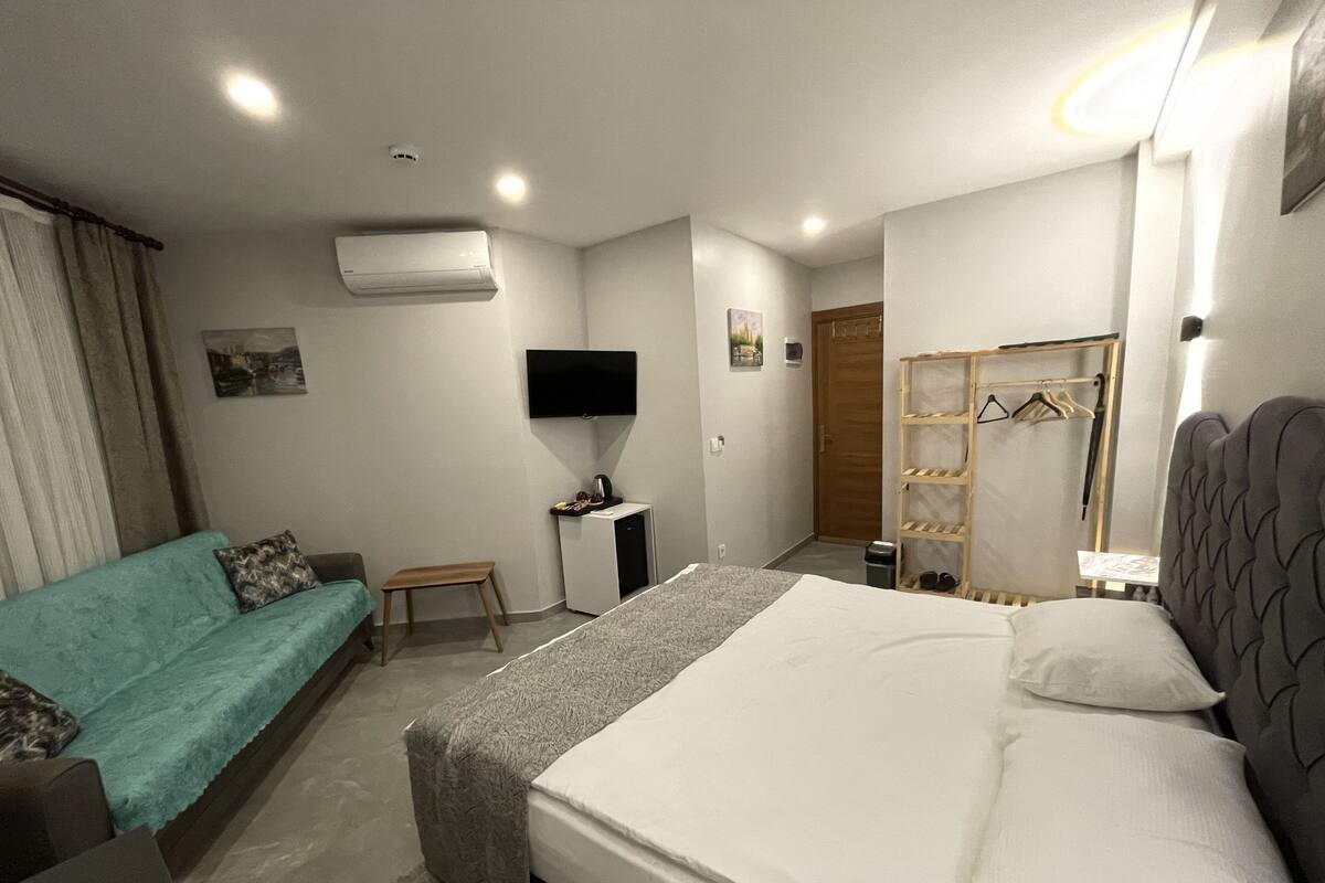 Et hotelværelse med seng, sofa, fjernsyn, skab og aircondition.