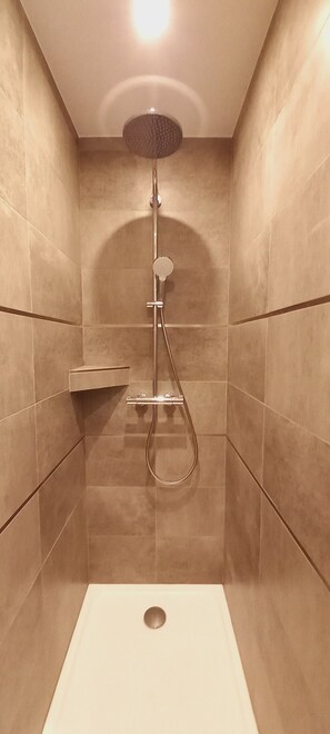 Shower, hair dryer, towels, toilet paper
