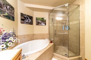 Combined shower/tub, hair dryer, towels, soap