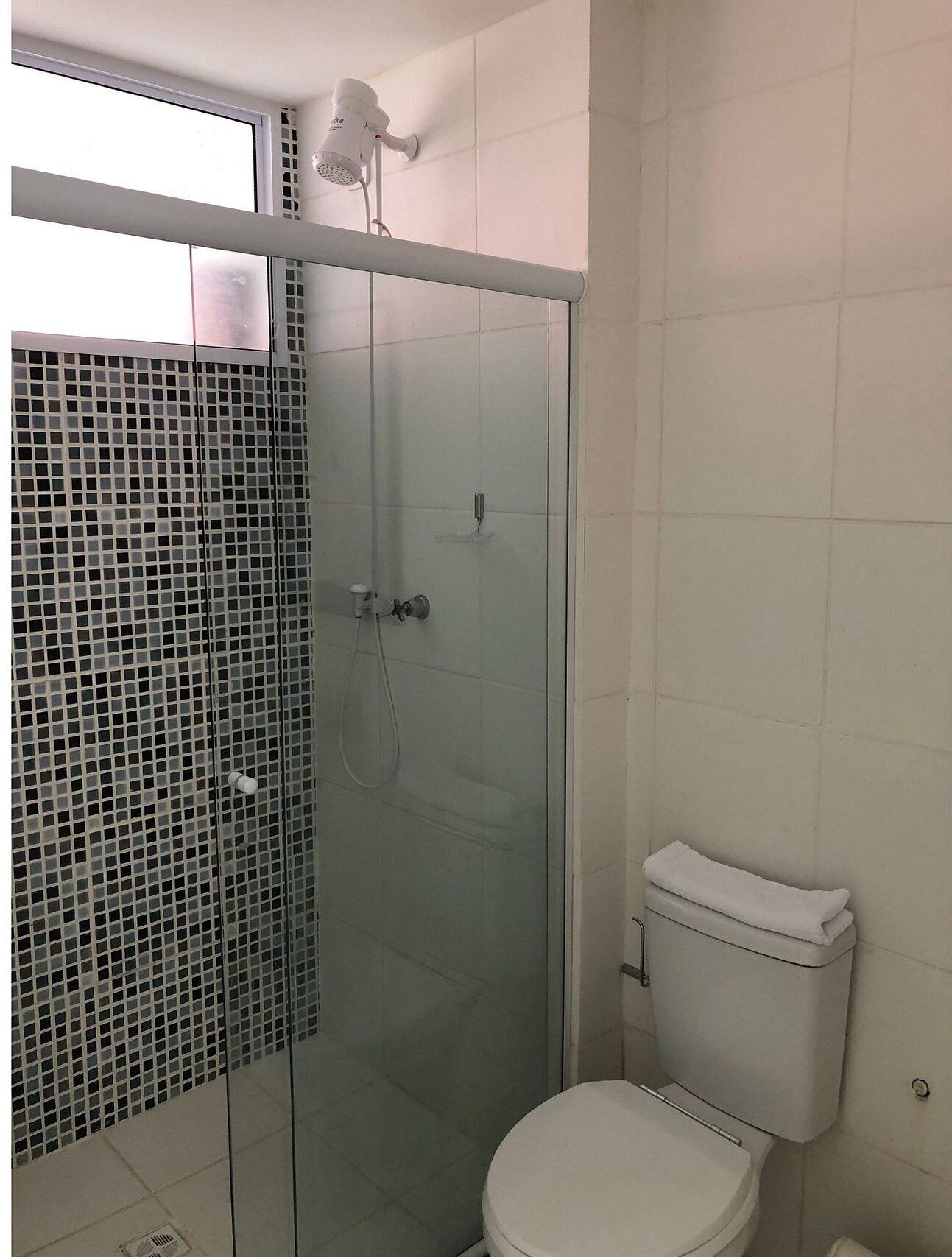 A bathroom with a glass-enclosed shower, a toilet, and a window.