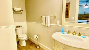 Tina con regadera, secadora de cabello, toallas