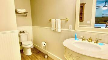 Combined shower/tub, hair dryer, towels