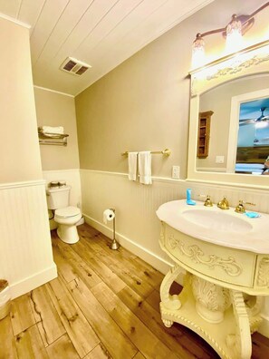 Combined shower/bathtub, hair dryer, towels