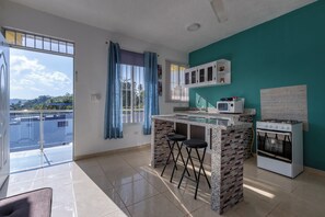 Fridge, microwave, oven, stovetop