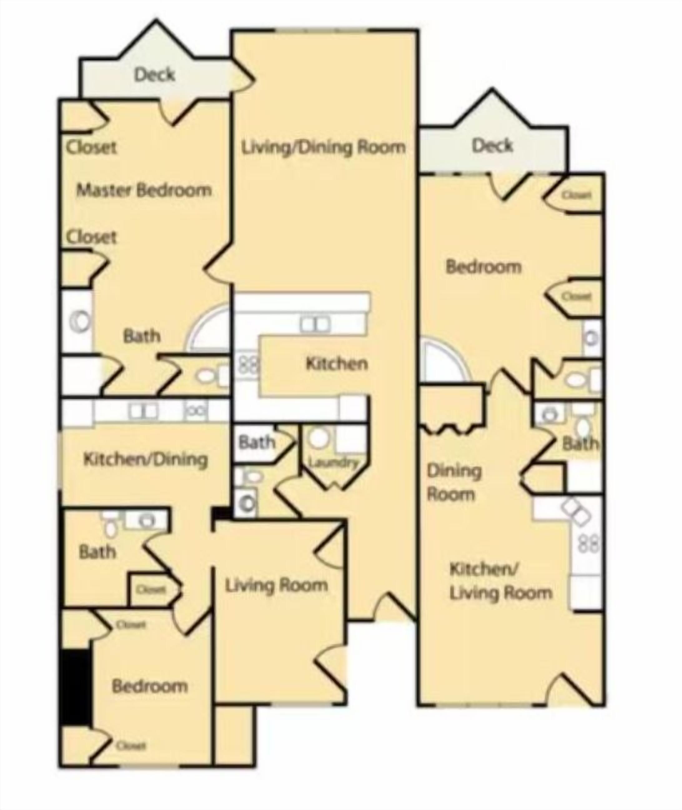 A floor plan of a house with a master bedroom, living/dining room, kitchen, and two bedrooms.