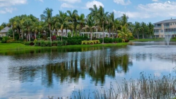 A serene lakeside view with palm trees, a fountain, and a building with a modern design. - Tropical Paradise - Resort Style Pool - Private Elevator (Placida)