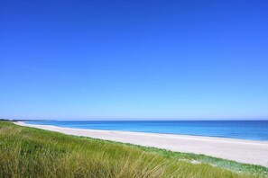 A beach with a clear sky and a sandy path.