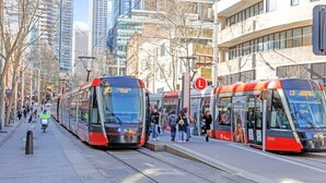 A tram station with two trams, a pedestrian walkway, and tall buildings in the background.