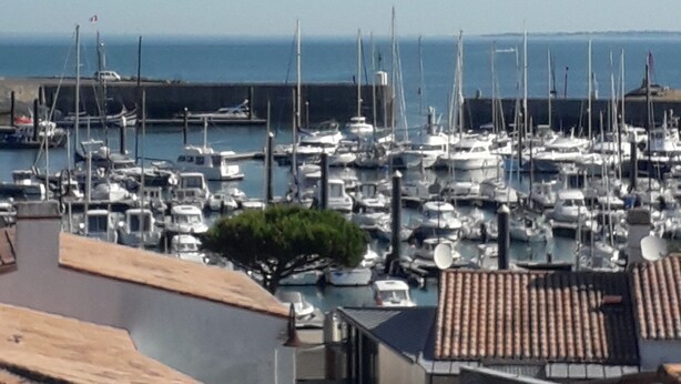 A marina with numerous boats docked, a clear sky, and a sign for 'snackbar'. - Apartment small building all on port and sea 5 min beach (Noirmoutier-en-l'Île)