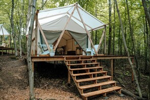 A tent with a wooden deck and stairs leading up to it, surrounded by trees.