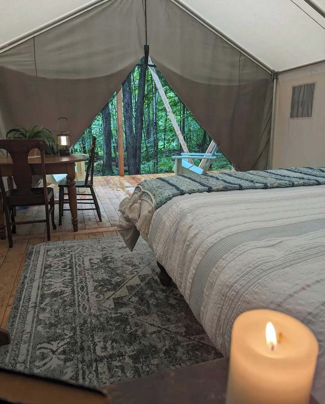 Une tente équipée d’un lit, d’un bureau et d’une chaise, avec vue sur les arbres à l’extérieur.