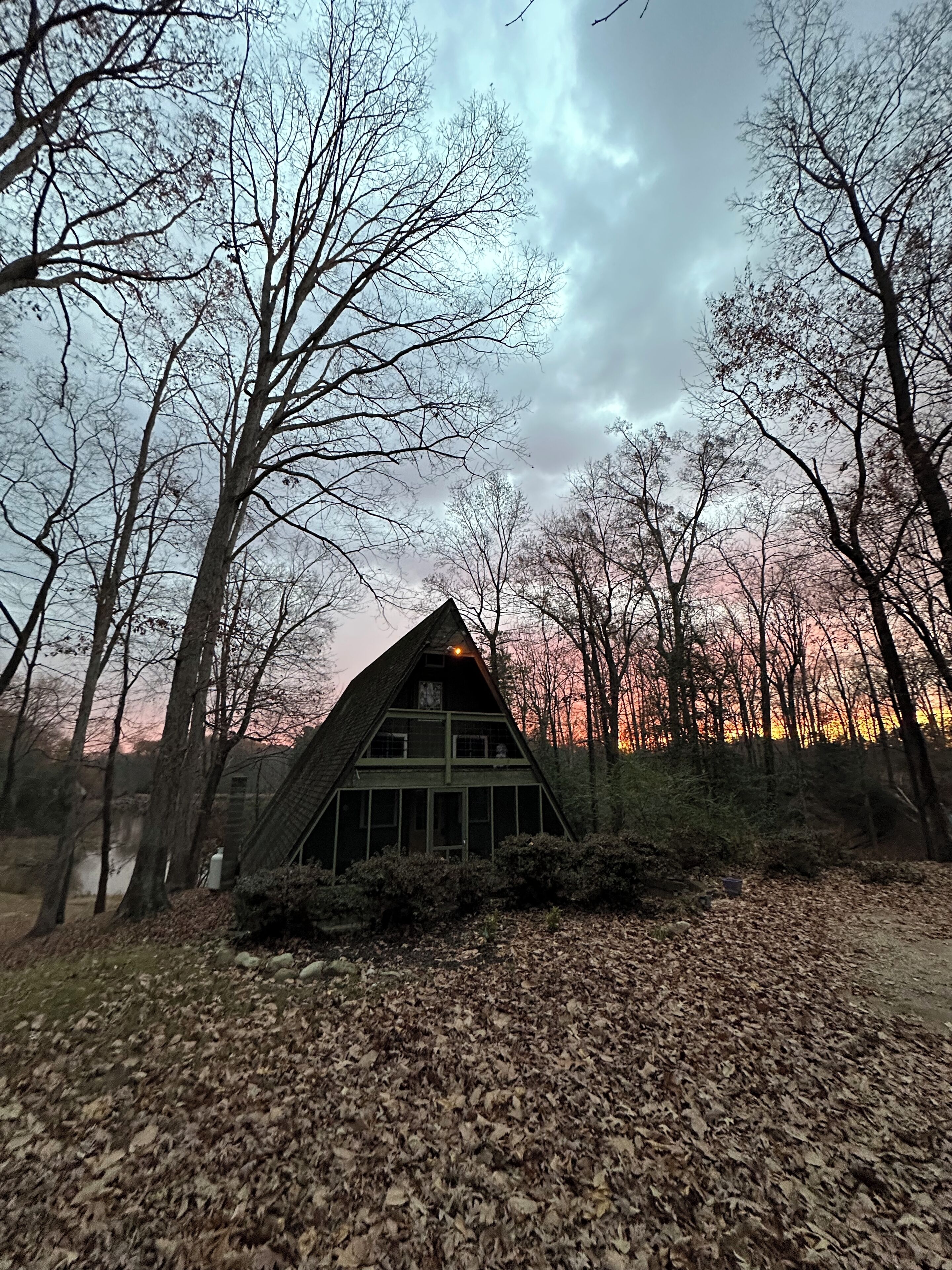 Una cabana amb un teulat triangular, envoltada d'arbres, situada en una zona boscosa.