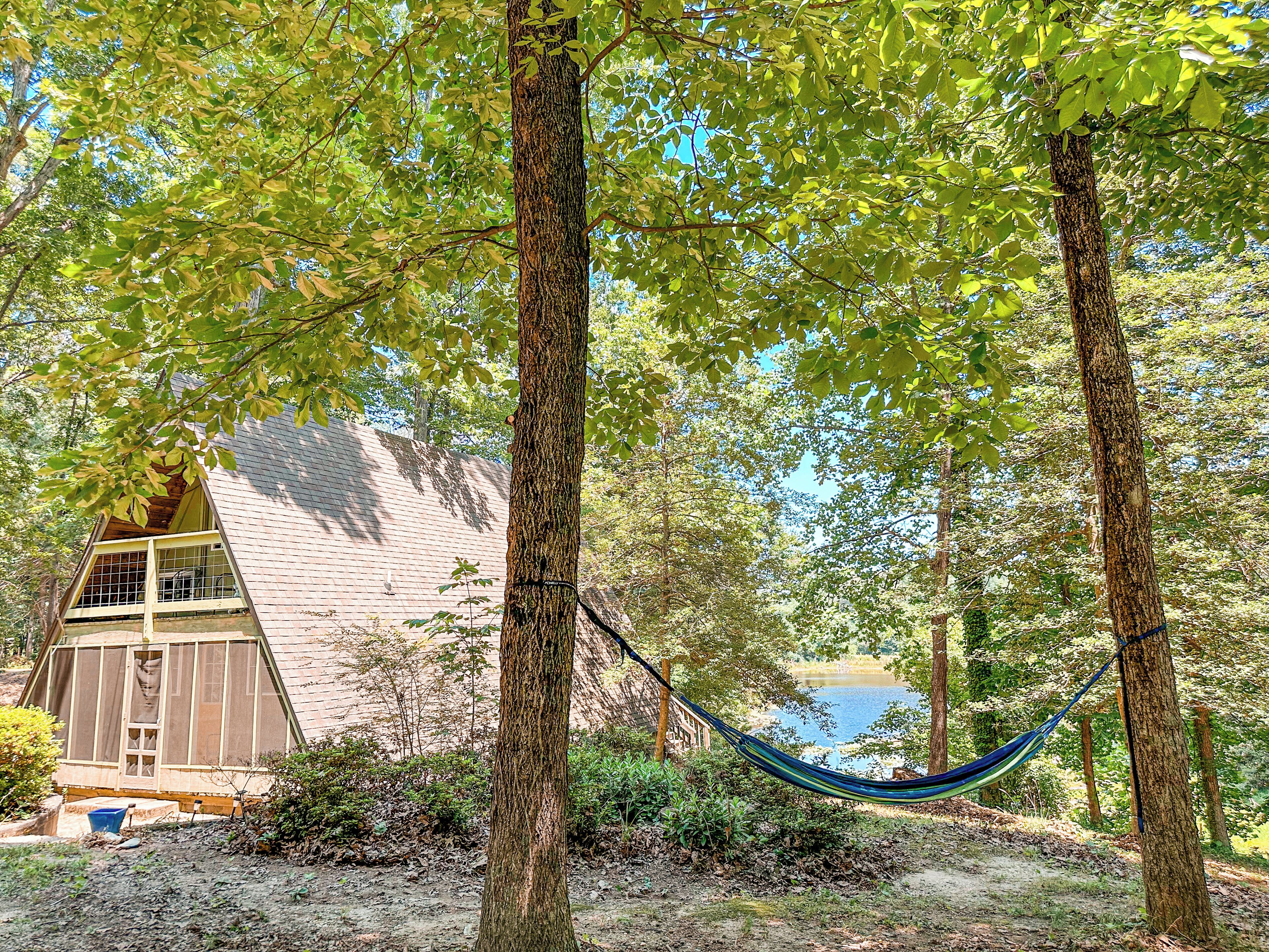 A wooden cabin with a sloped roof, surrounded by trees and a hammock.