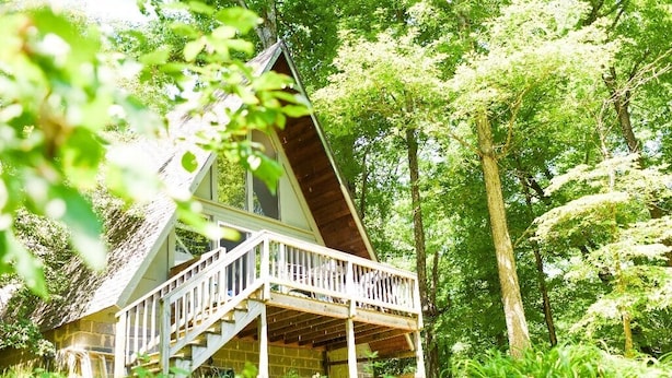 A wooden cabin with a balcony, surrounded by lush greenery and trees. - Rest & Recharge, A-frame Cabin on Winery Grounds (Colonial Beach)