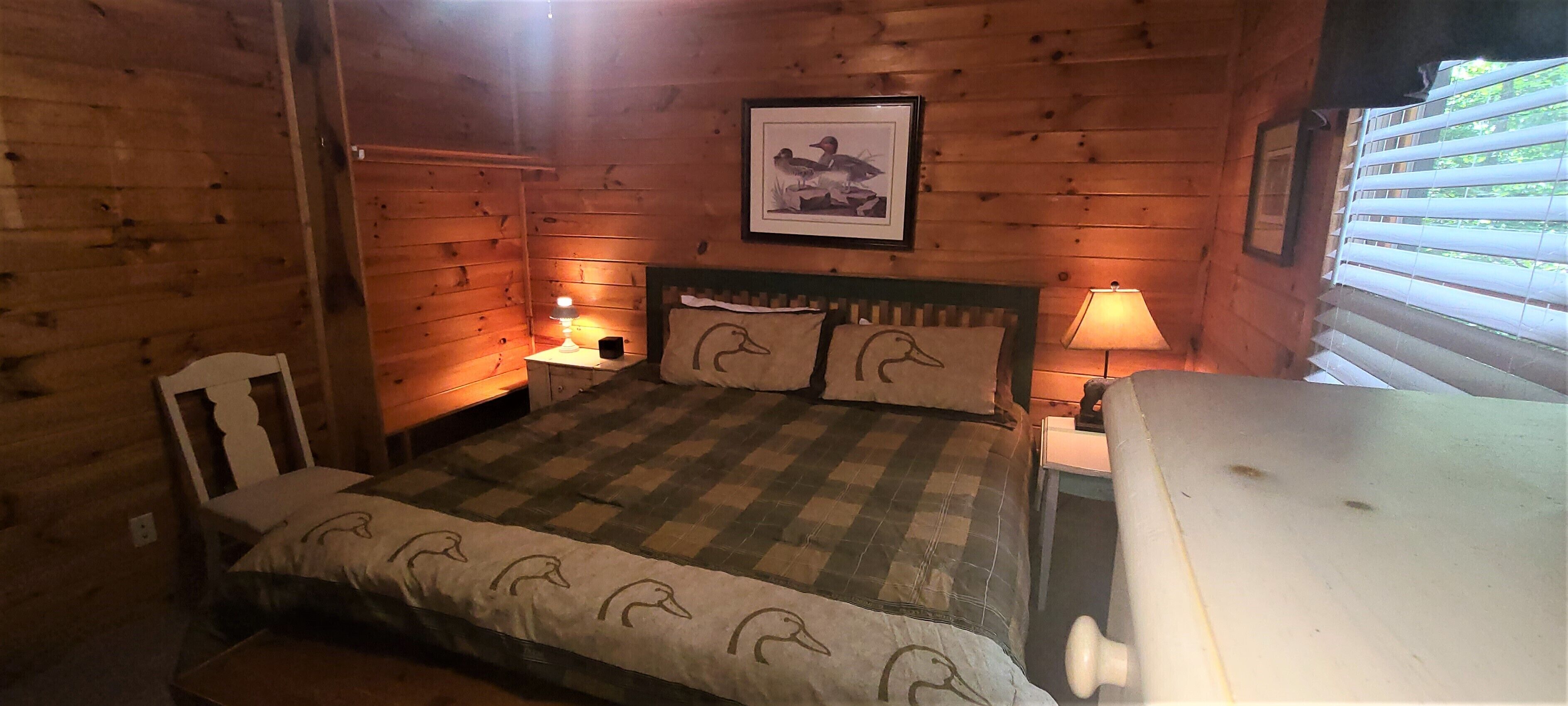 A cozy cabin-style room with a bed, two nightstands, a wooden headboard, and a framed picture on the wall.