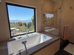 シャワー付き浴槽、ビデ、タオル、トイレットペーパー