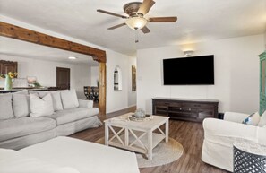 Smart TV, fireplace, DVD player, books