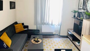 A modern living room with a grey sofa, yellow cushions, a coffee table with decorative items, a TV on a wooden stand, and a patterned floor. - Entire apartment (Reims)