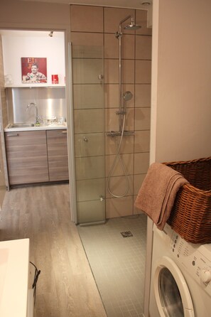 Regadera, secadora de cabello, jabón, papel de baño 