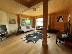 Télévision, lecteur de DVD, table de tennis de table, livres