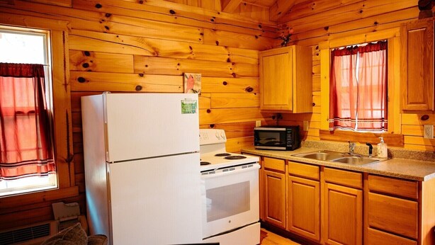 Een keuken in chaletstijl met houten wanden, een witte koelkast, een fornuis, een magnetron en houten kastjes.