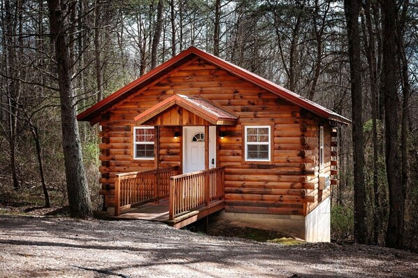 A wooden cabin with a porch, a door, and windows.