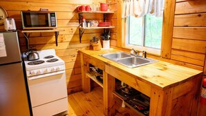 A compact kitchen with a microwave, stove, sink, and wooden cabinets. - Lazy Lane Cabins - Wren's Nest (Logan)