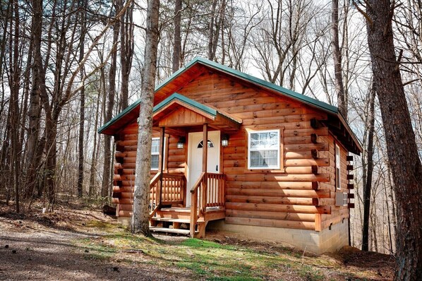 A log cabin with a porch, a door, and a window.