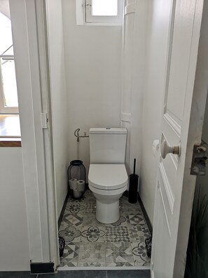 Shower, towels, soap, toilet paper