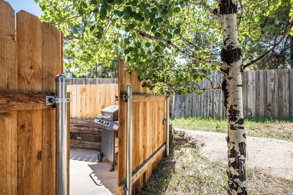 A wooden deck with a grill and a wooden door, surrounded by a wooden fence and a birch tree.