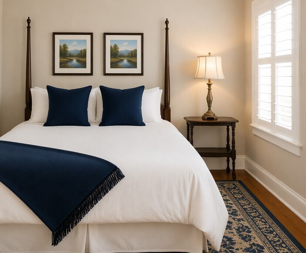 A neatly made bed with a white and blue bedspread, two framed landscape pictures on the wall, a bedside table with a lamp, and a window with blinds.
