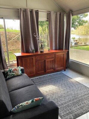 Télévision, cheminée, table de tennis de table, livres