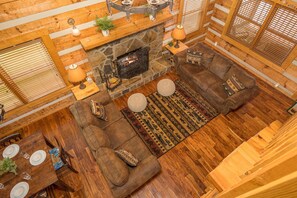 Smart TV, fireplace, foosball