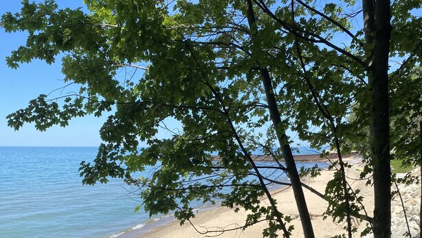 A beach with a sandy shore, a small tent, and a rocky area with trees. - Recently Updated 3 Bedroom House, Fire Pit, Hot Tub, Game Room (New Buffalo)