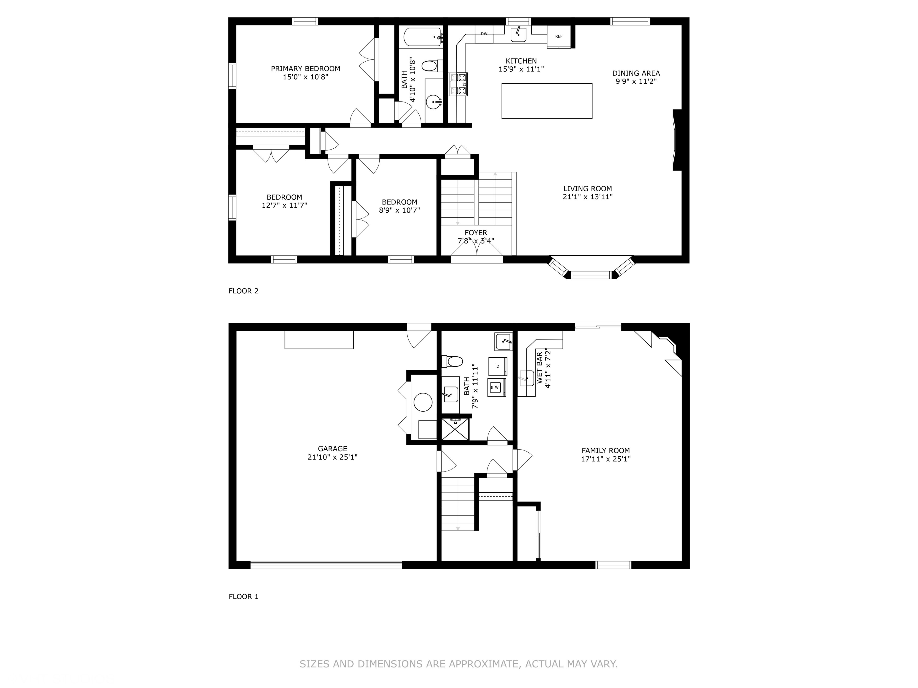 A floor plan of a house with two floors. The ground floor includes a garage, a family room, and a kitchen. The first floor has a primary bedroom, two smaller bedrooms, a bathroom, a dining area, and a living room.