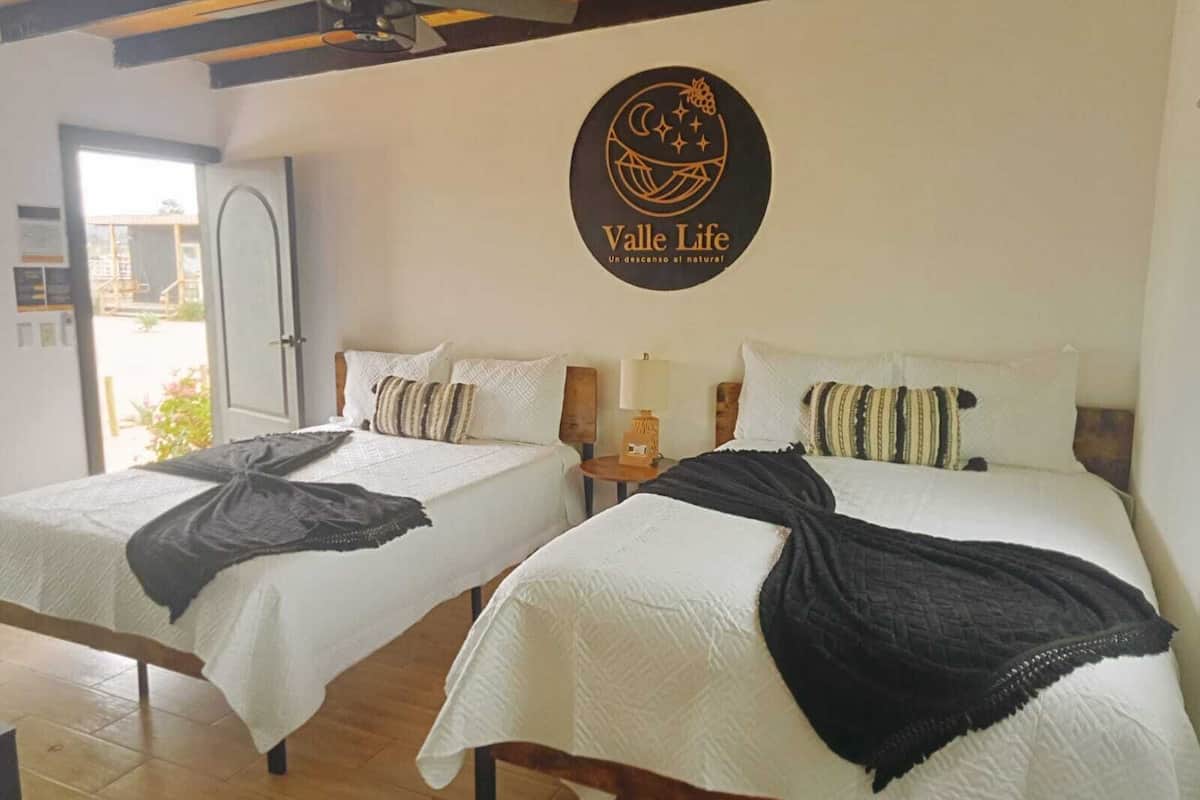 A hotel room with two beds, a ceiling fan, and a logo on the wall.