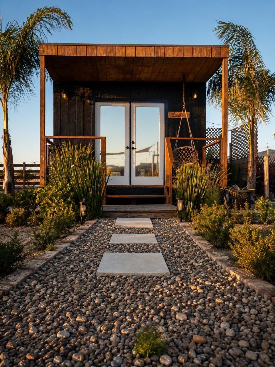 Een houten chalet met een glazen deuropening, omgeven door een grindpad en beplanting.