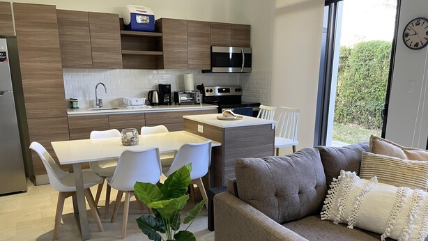 A modern kitchen with a microwave, coffee maker, and toaster. There is a dining area with a table and chairs, and a gray sofa with decorative pillows. A potted plant is on a small table in the center of the room.