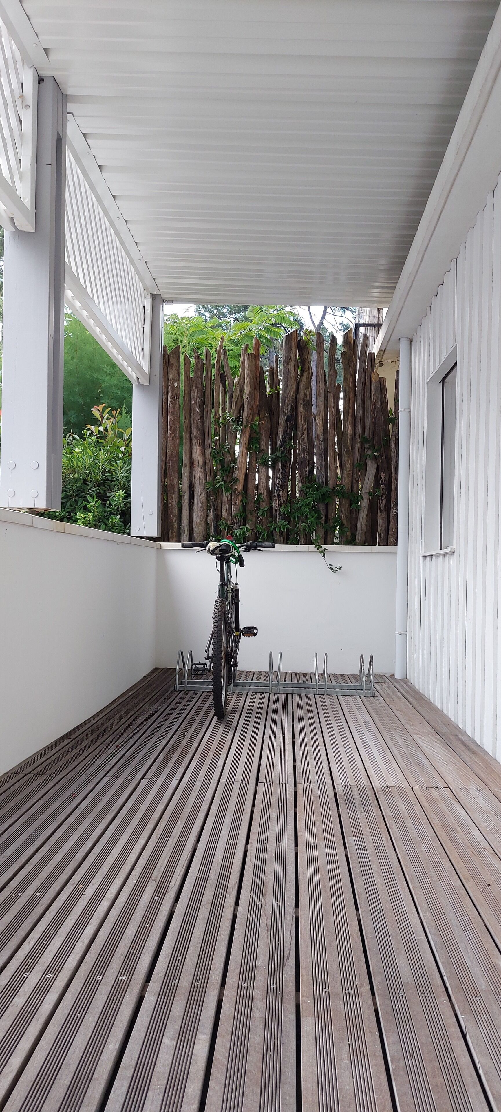 Zona exterior coberta amb terra de fusta, una bicicleta i una tanca de fusta amb plantes.
