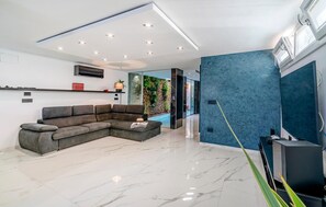 Smart TV, fireplace, DVD player, stereo