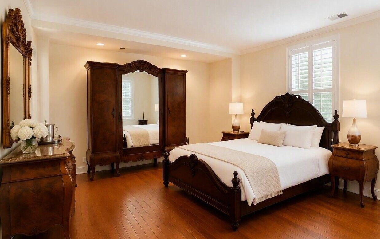 A bedroom with a large bed, two nightstands, a dresser, a mirror, and a window with blinds.