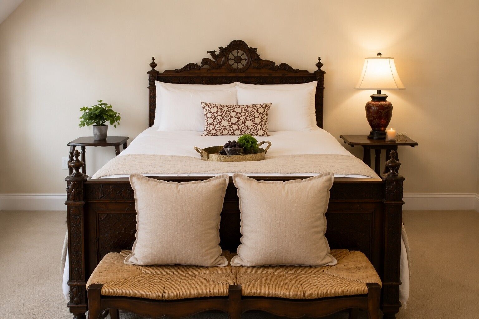 A neatly made bed with a wooden headboard, two bedside tables with lamps, and a bench with cushions.