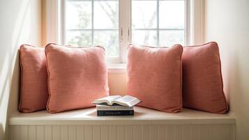 A window seat with two pillows and two books.