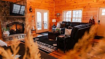 TV, fireplace, books, offices