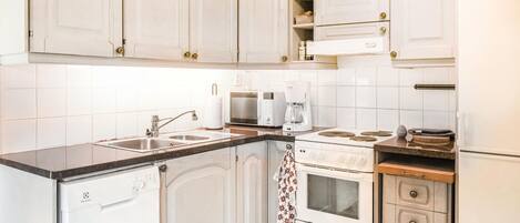 Fridge, stovetop, dishwasher, coffee/tea maker