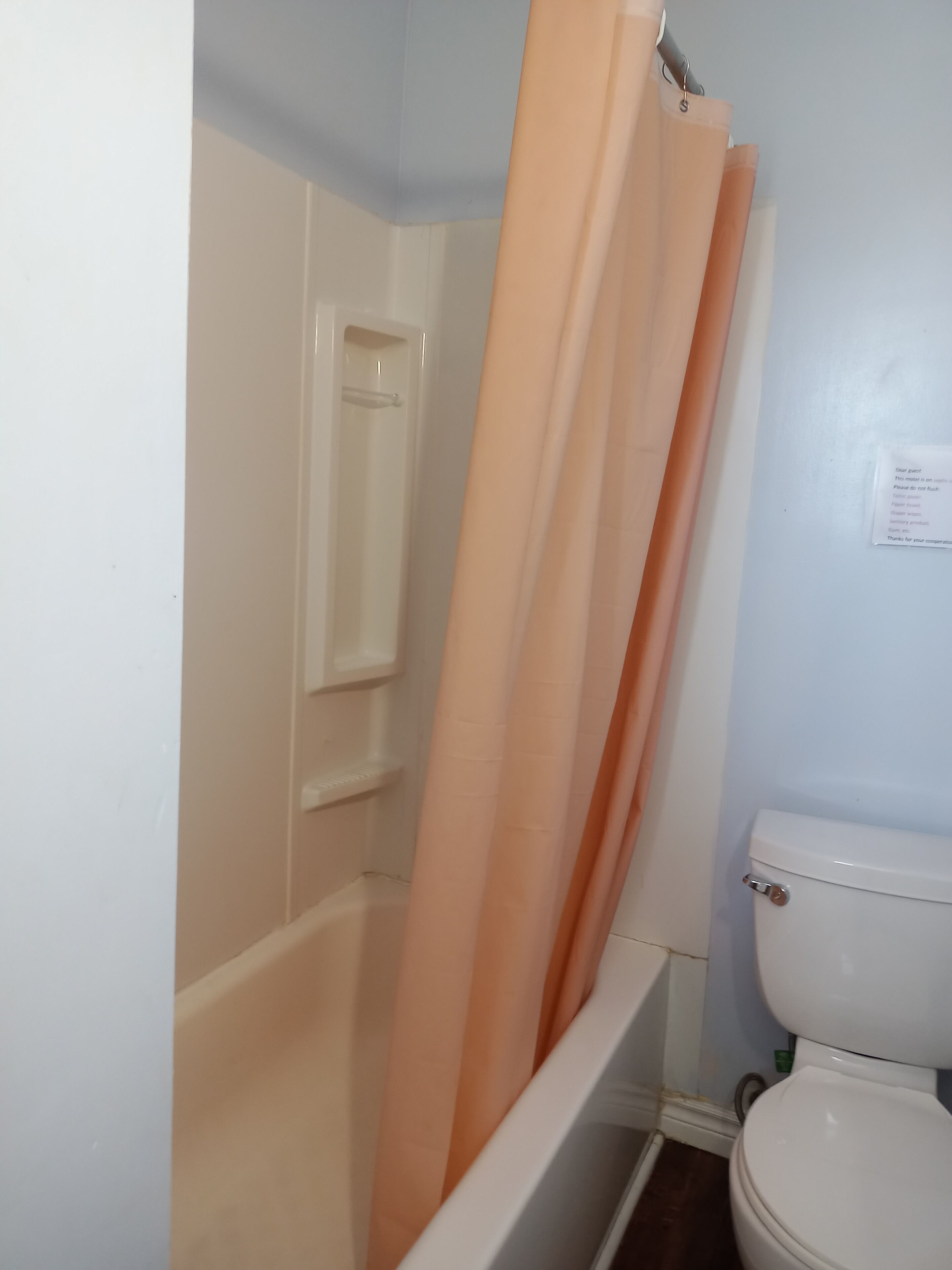 A bathroom with a bathtub, toilet, and a shower curtain.