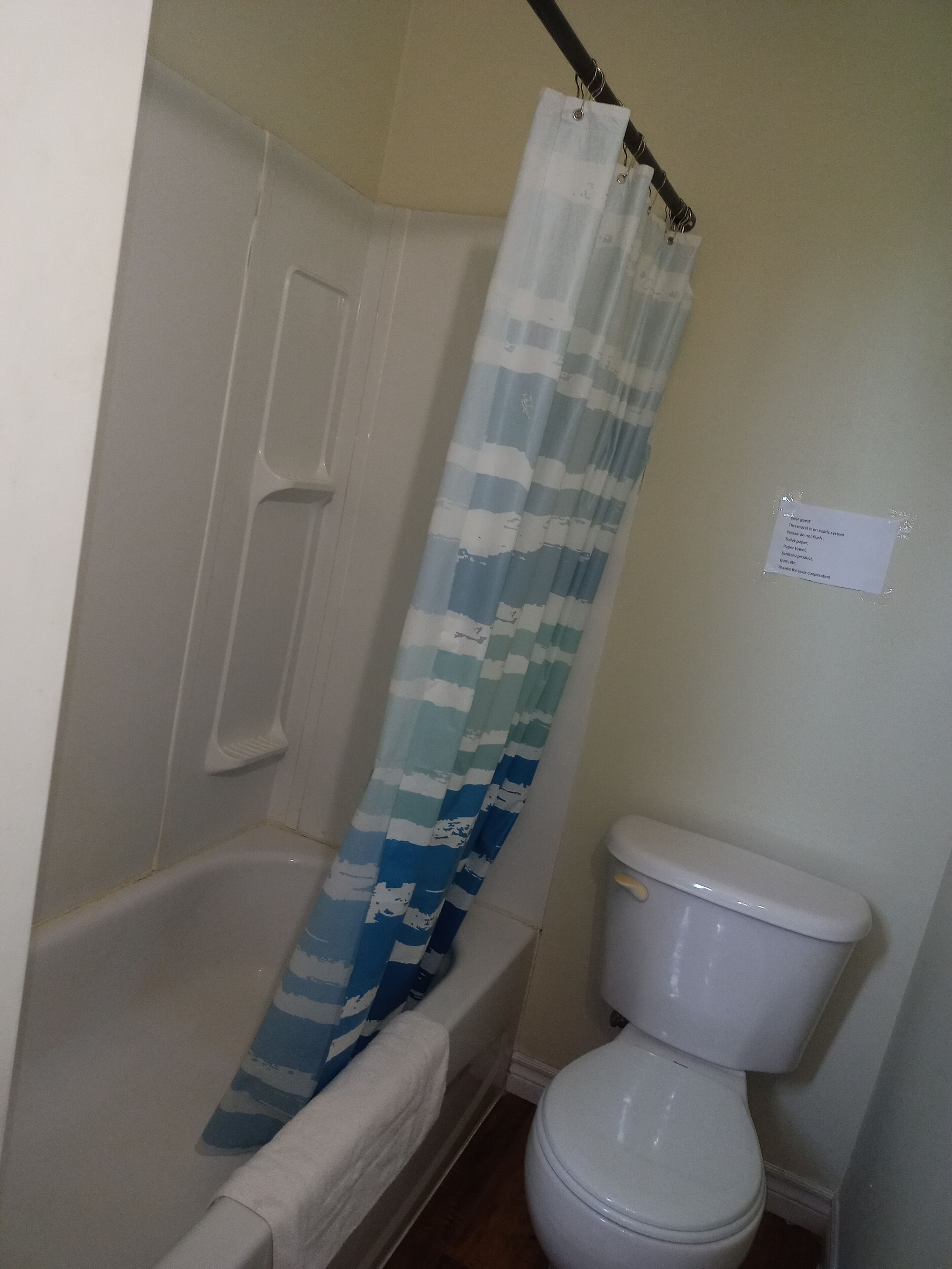 A bathroom with a bathtub, a toilet, and a shower curtain.