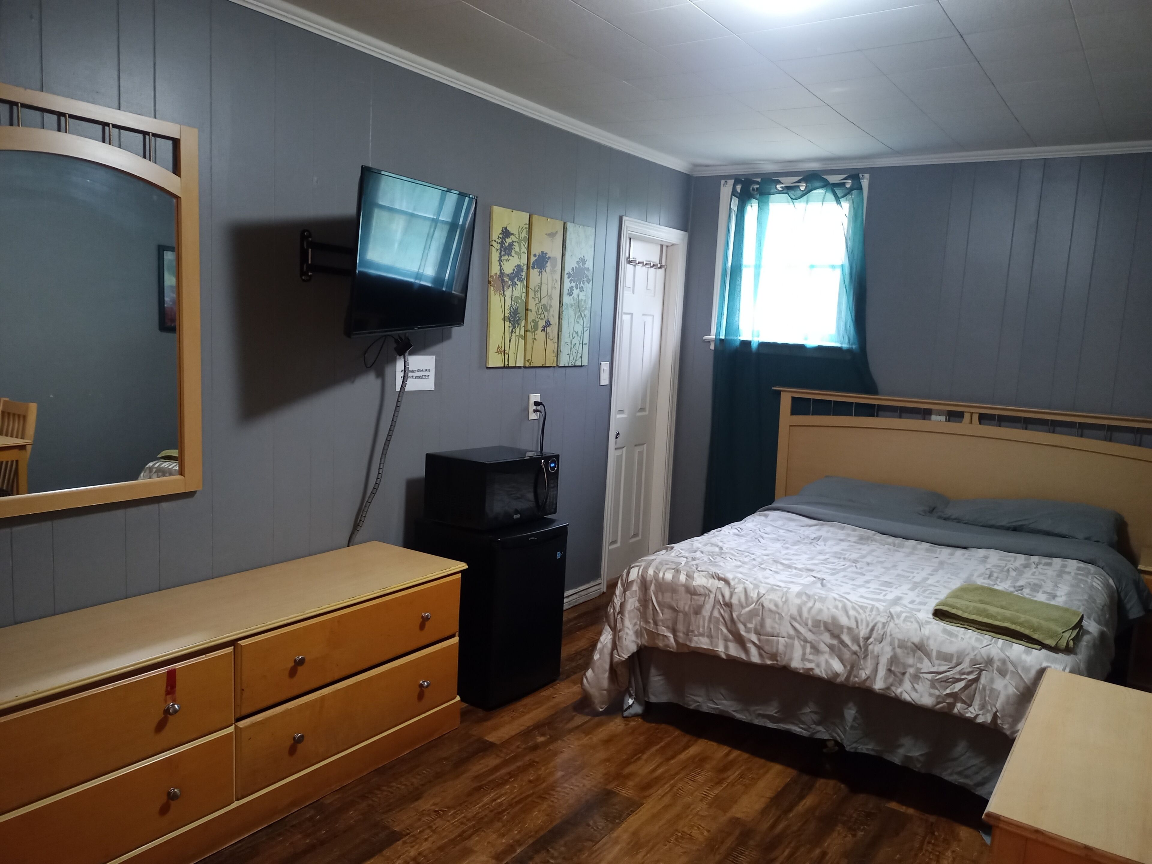 A bedroom with a bed, dresser, television, and artwork on the wall.