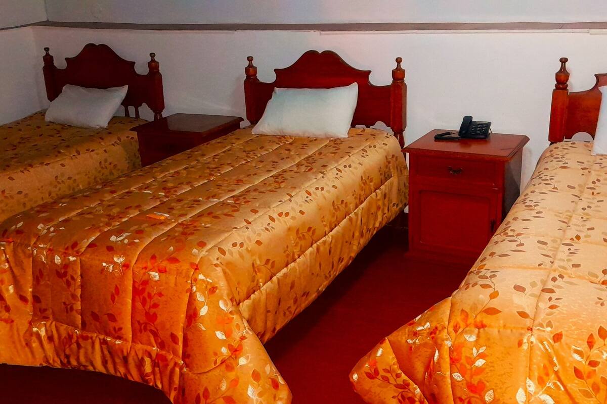 A hotel room with three single beds, each with a wooden headboard and a floral-patterned bedspread. There is a small wooden nightstand with a telephone on it.